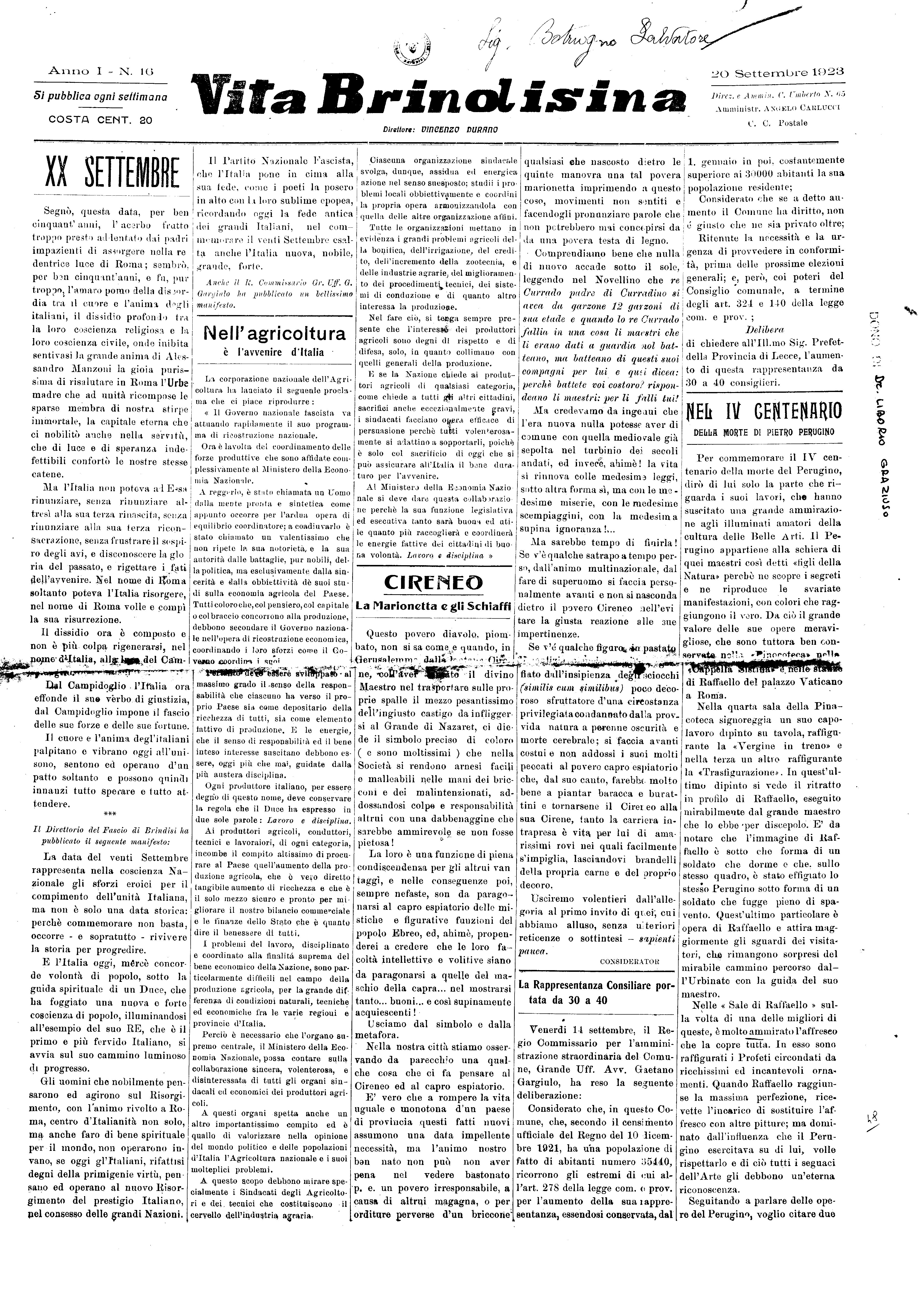 A. 01, n. 16 (20 Sett. 1923)