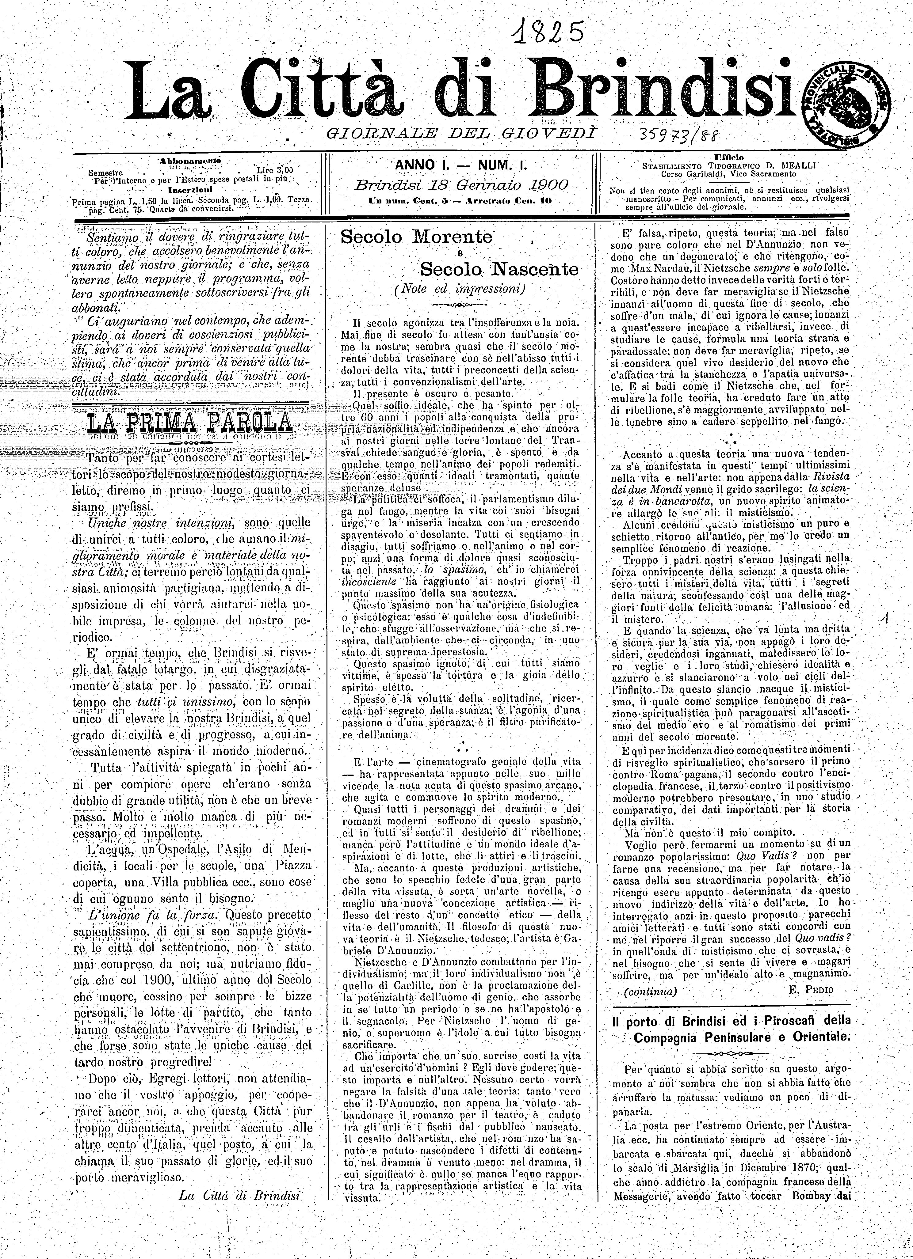 A. 1, n. 01 (18 Genn. 1900)