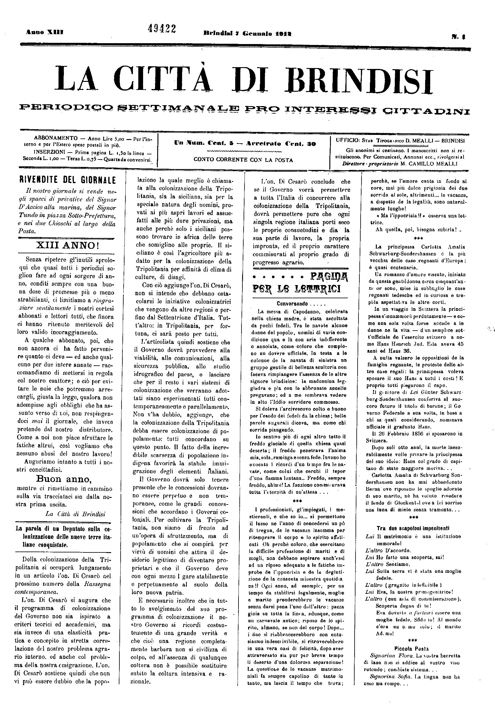 A. 13, n. 01 (07 Genn. 1912)