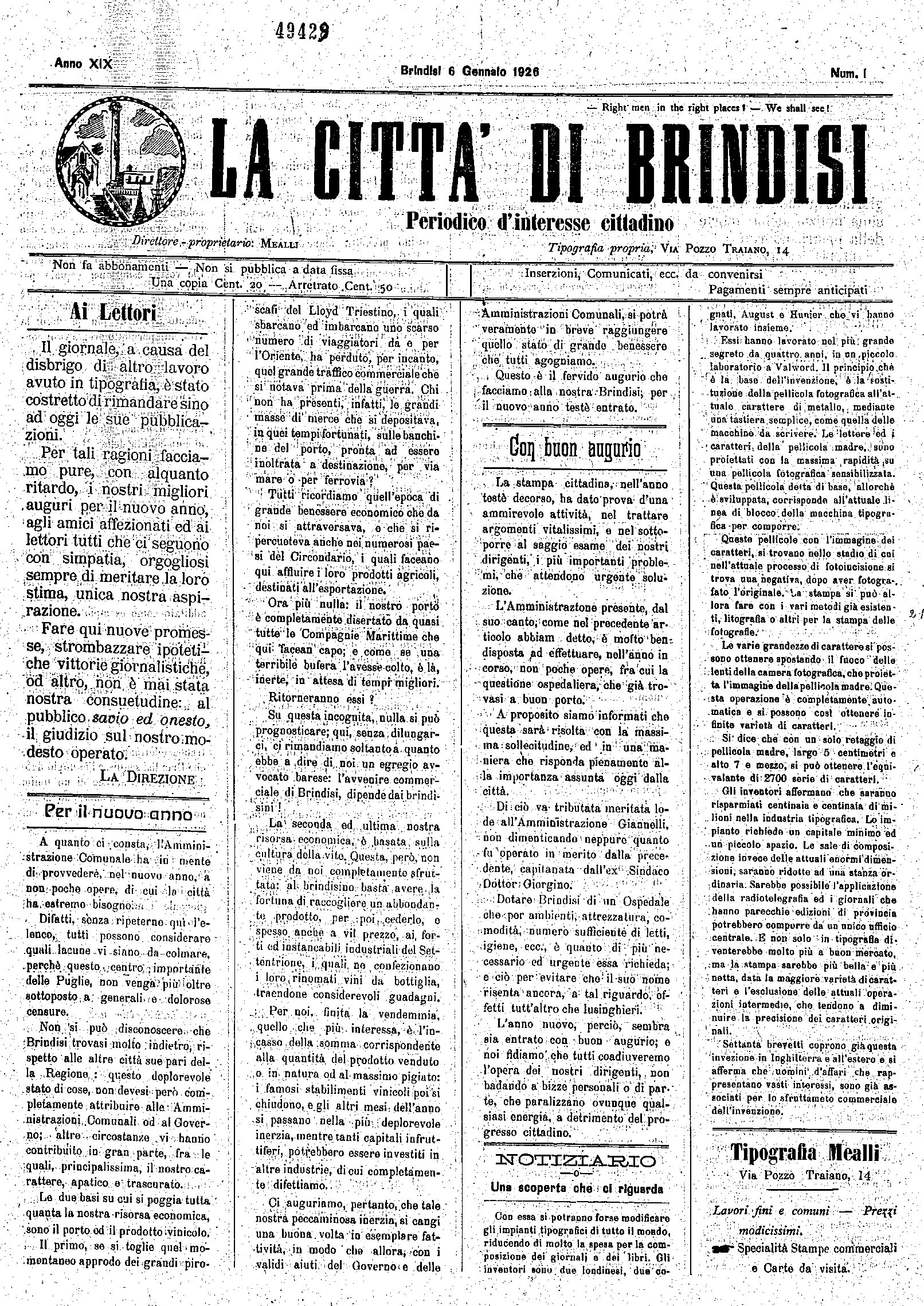 A. 19, n. 01 (06 Genn. 1926)