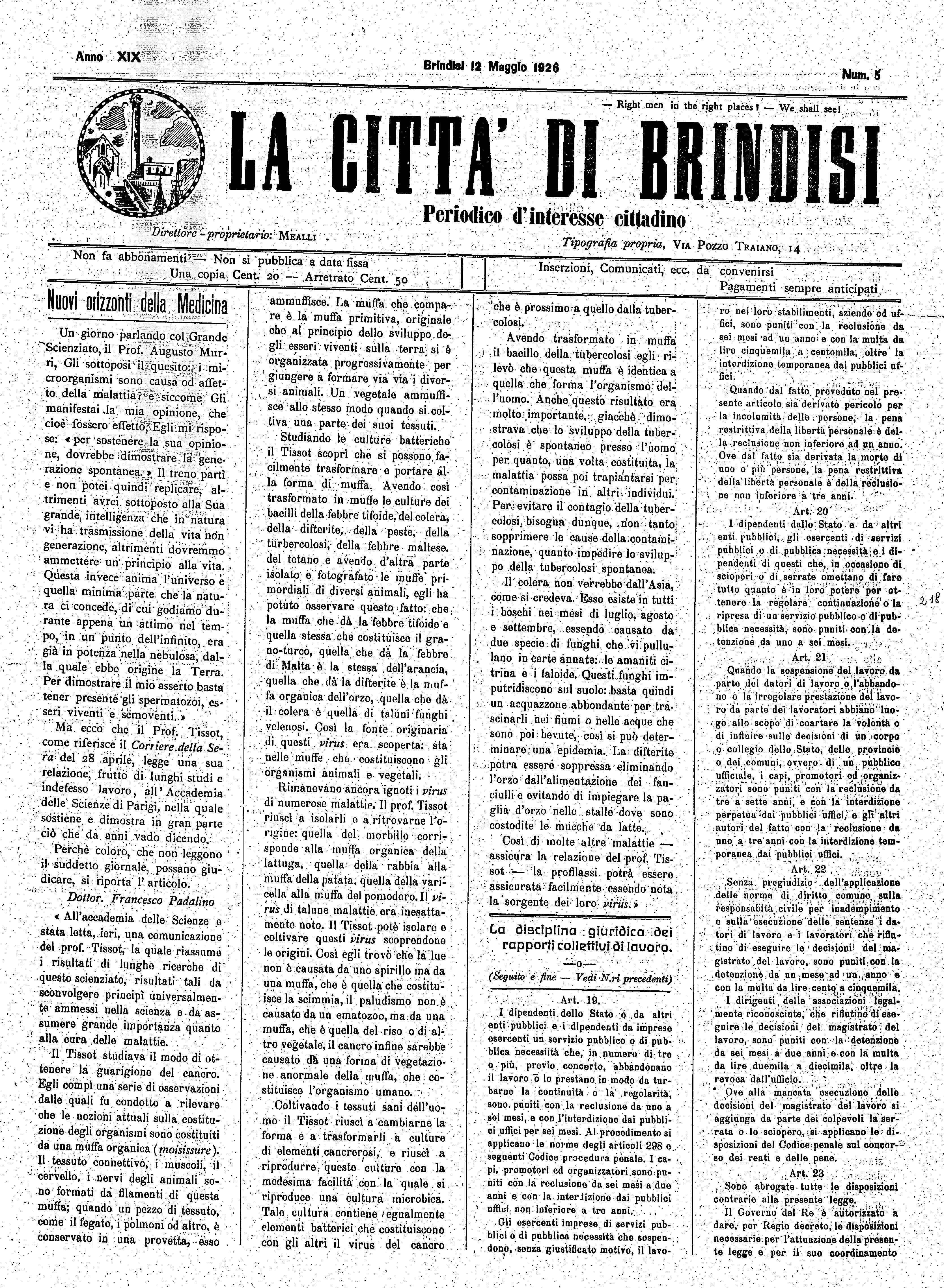 A. 19, n. 05 (12 Magg. 1926)