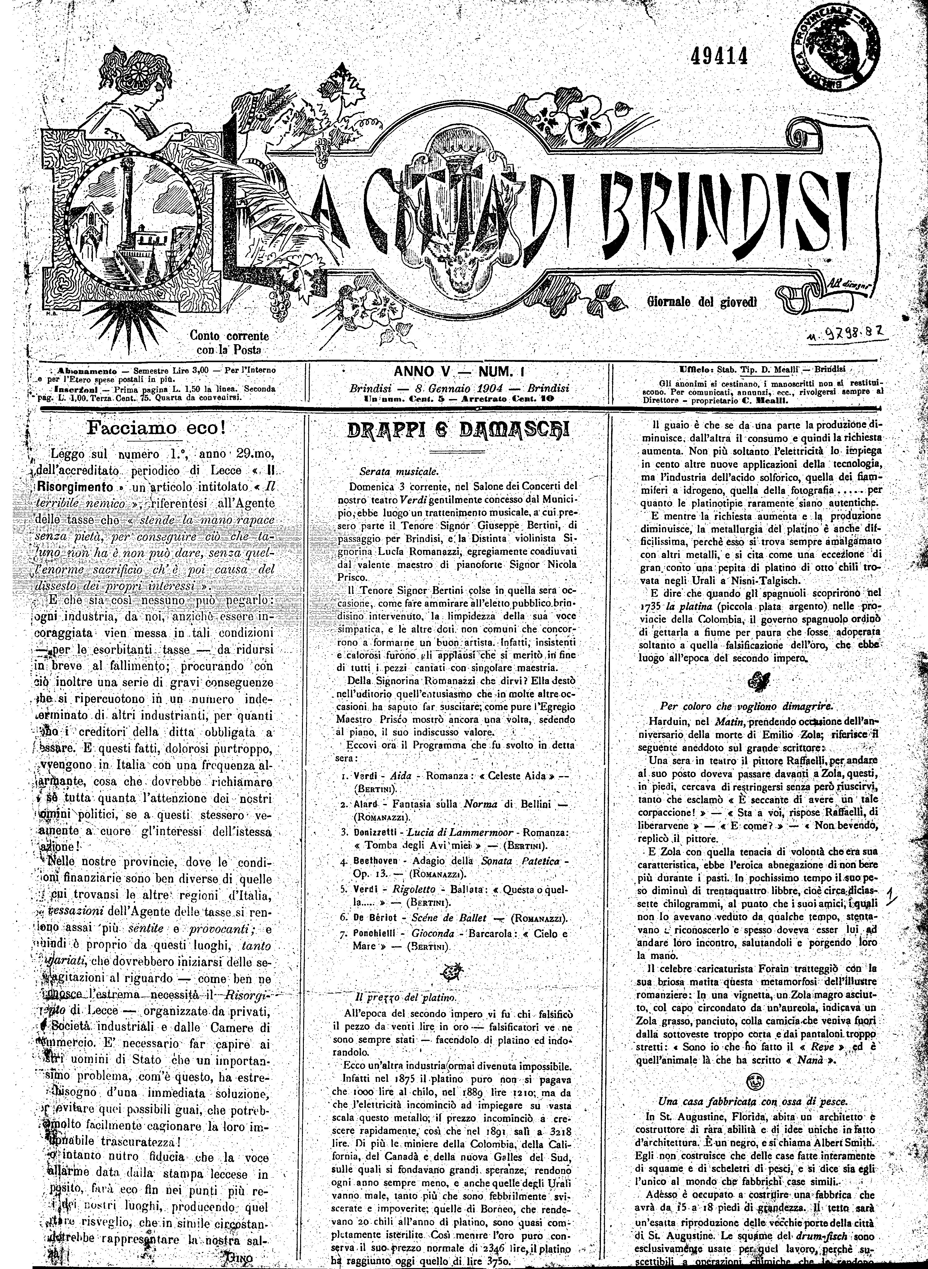 A. 5, n. 01 (08 Genn. 1904)