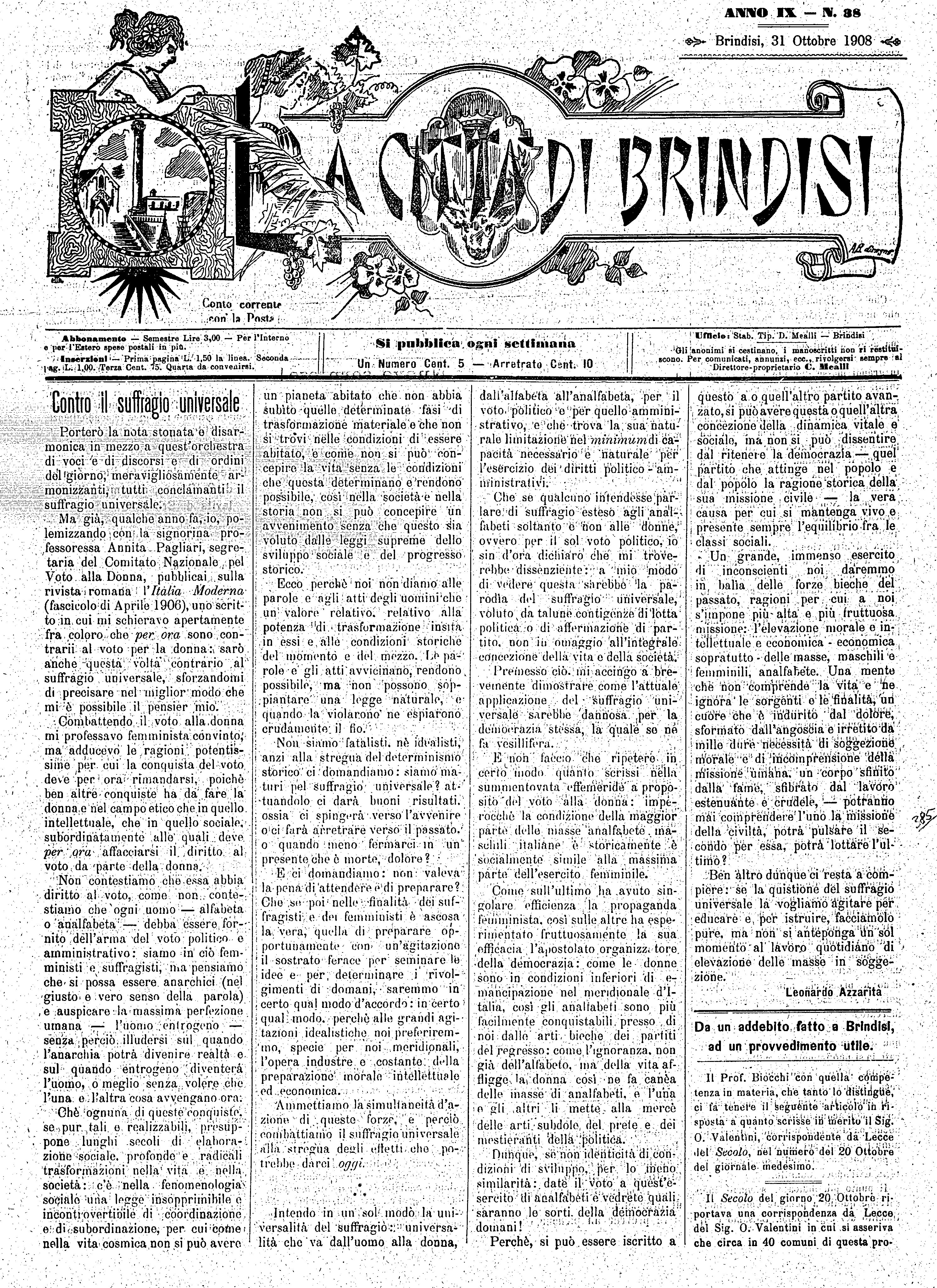 A. 9, n. 38 (31 Ott. 1908)