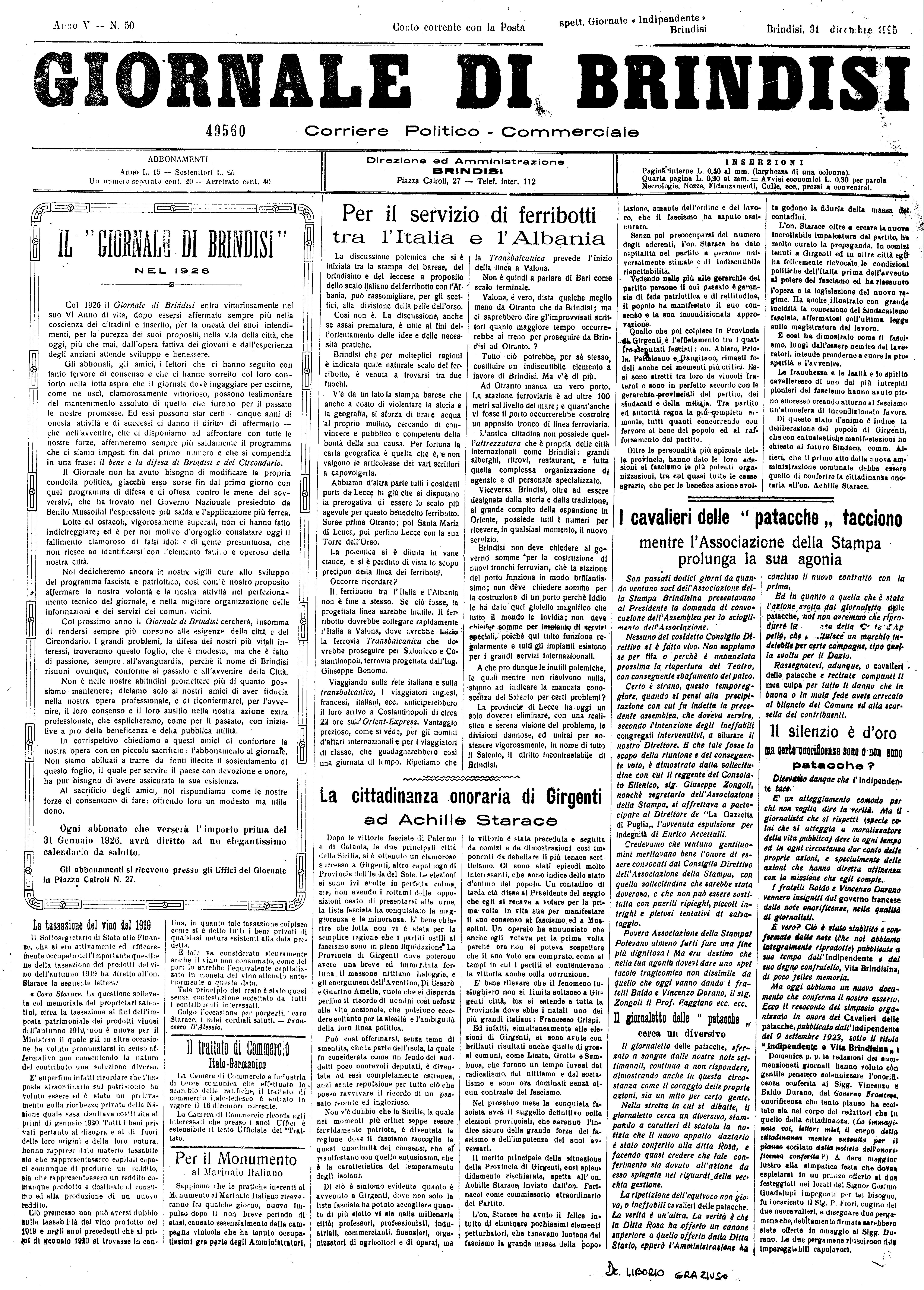 A. V, n. 50 (31 Dic. 1925)
