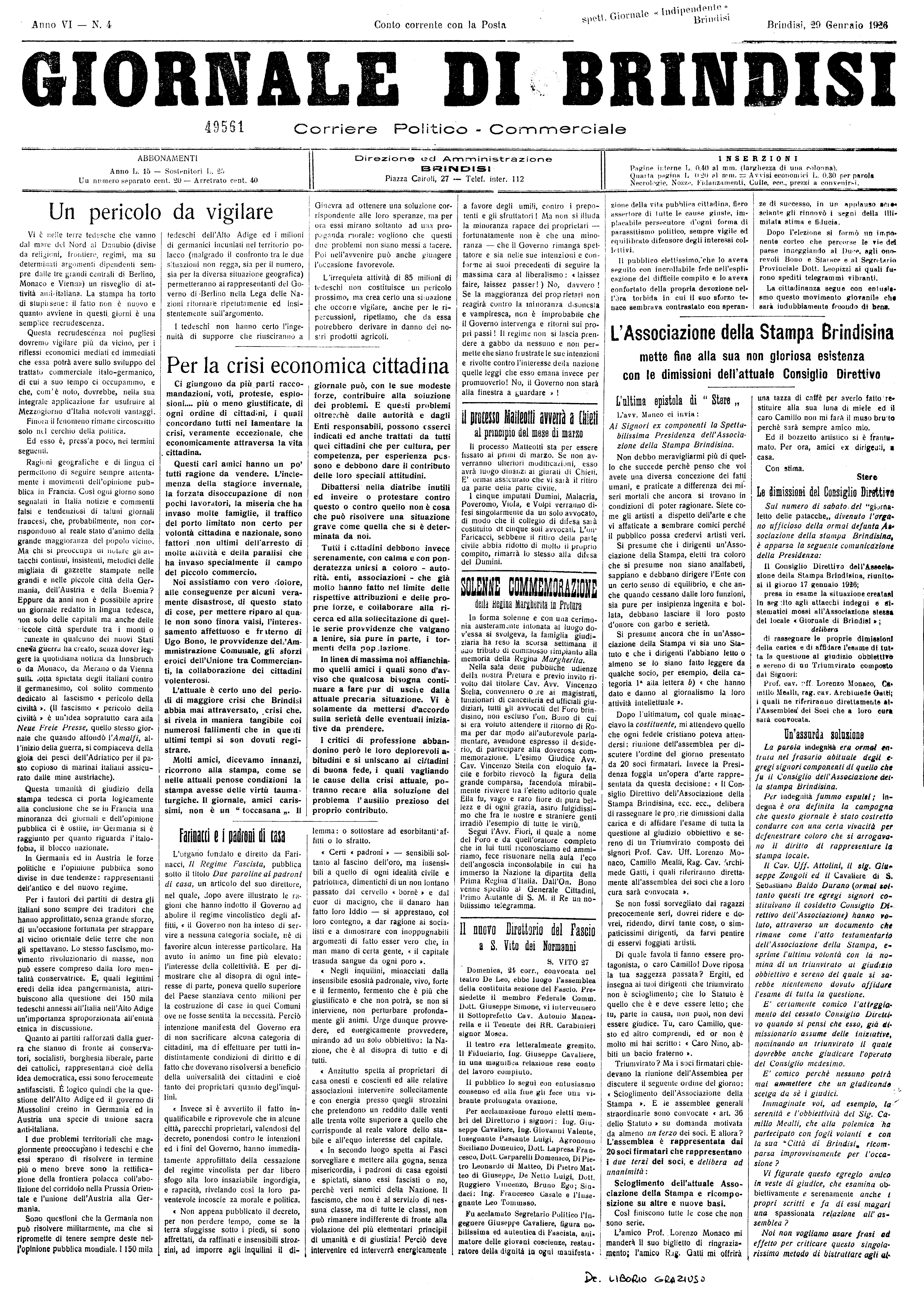 A. VI n. 04 (29 Genn. 1926)