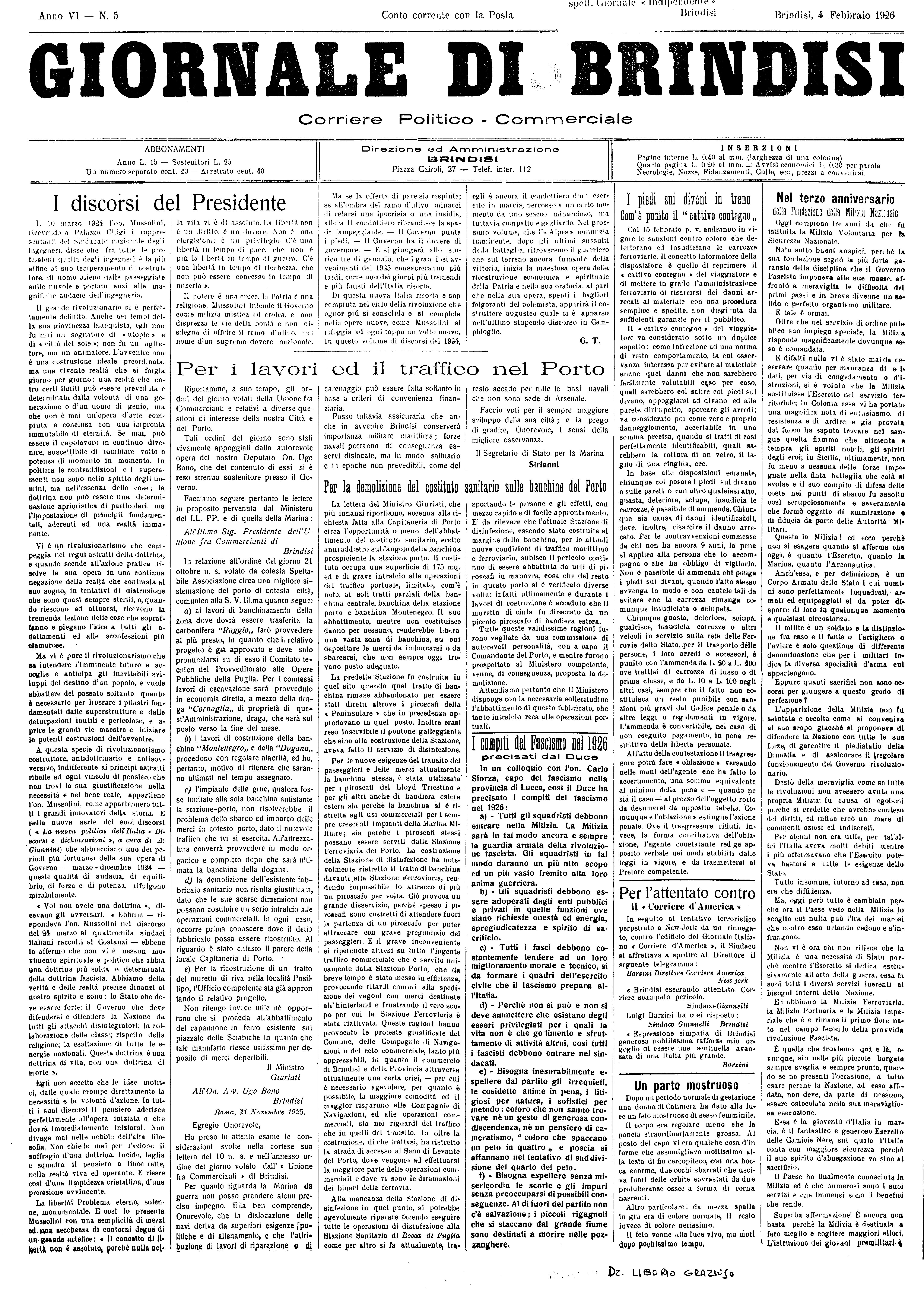 A. VI n. 05 (29 Genn. 1926)