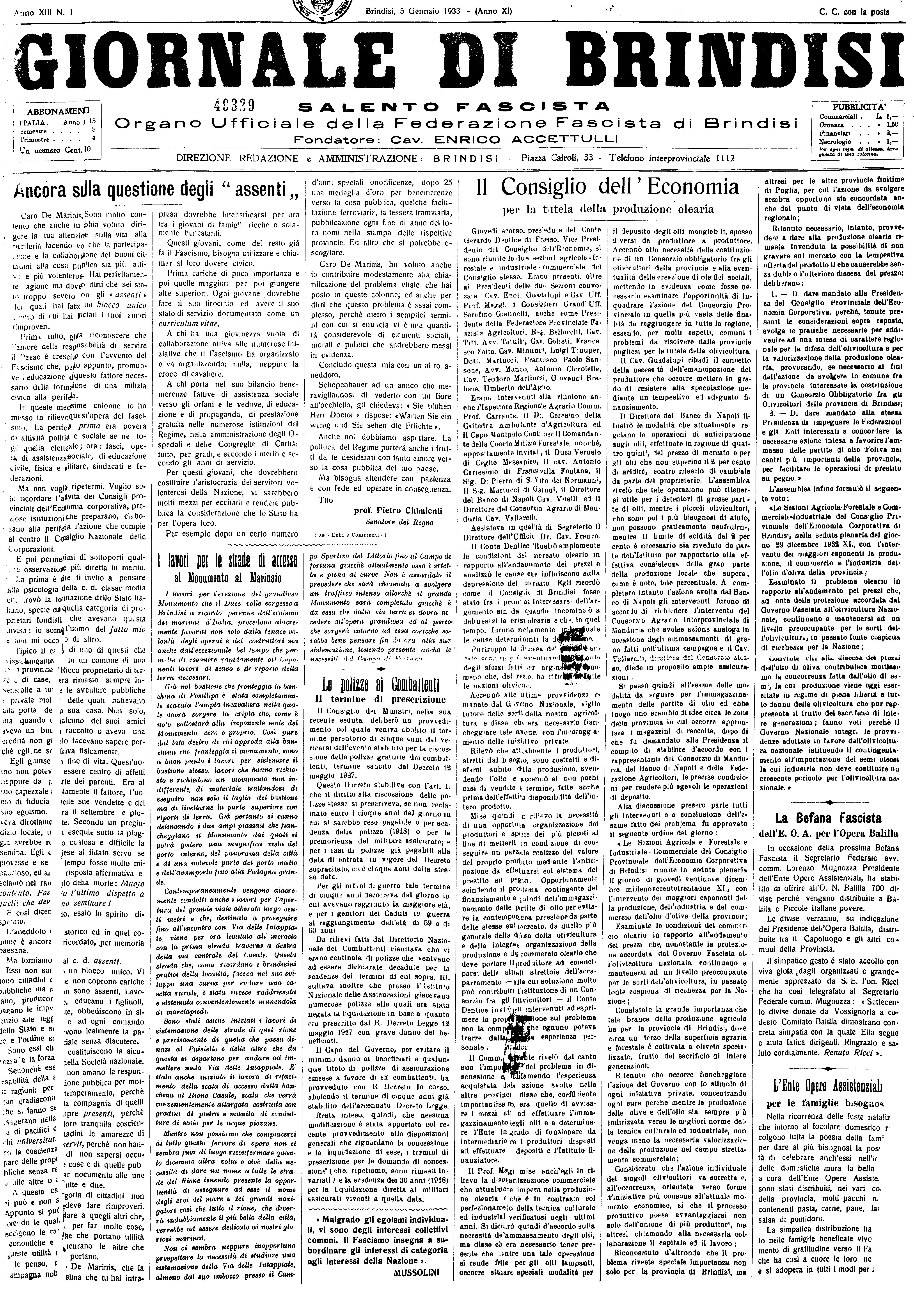 A. XI, n. 01 (05 Genn. 1933)