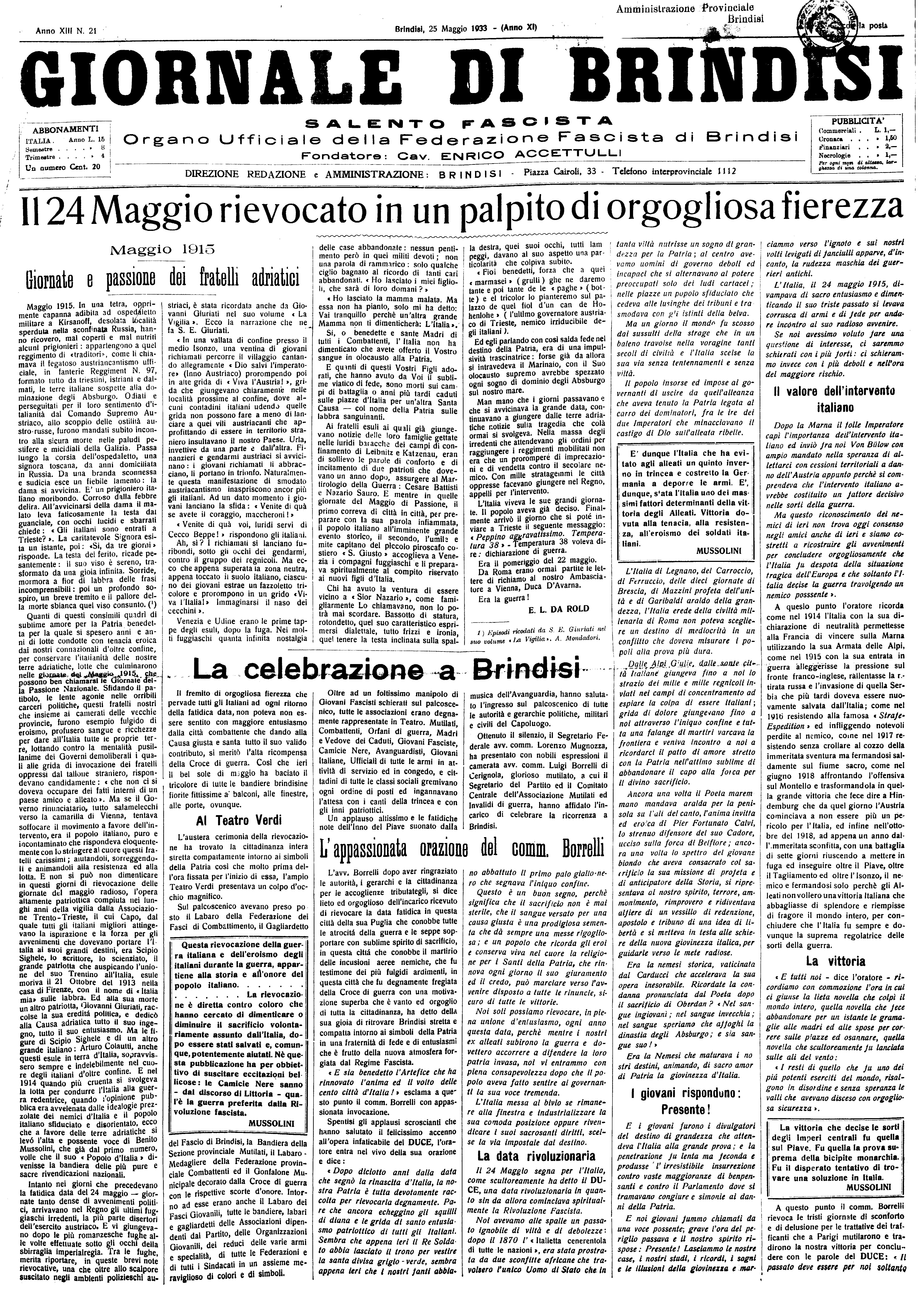 A. XI, n. 21 (25 Magg. 1933)