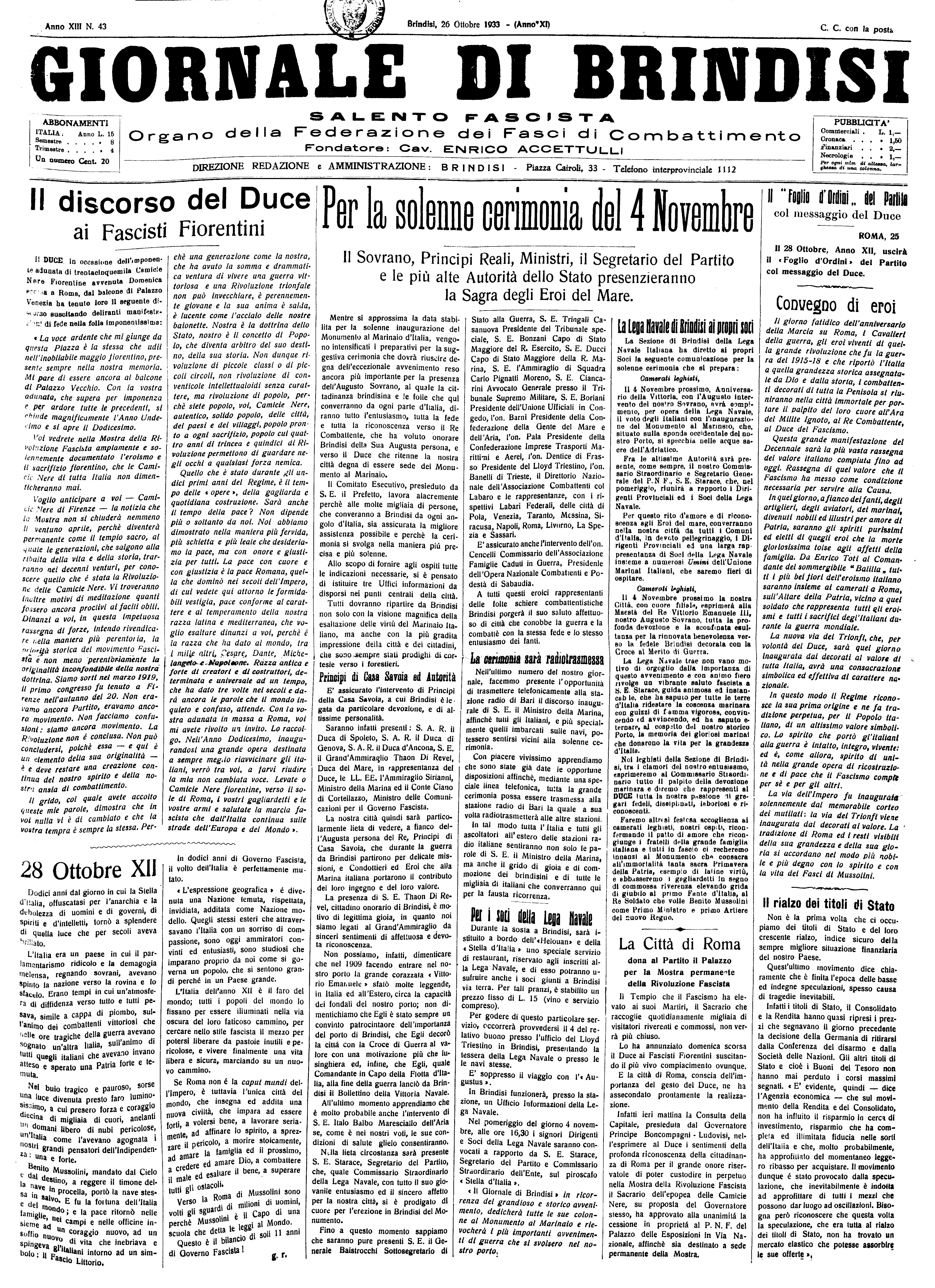A. XI, n. 43 (26 Ott. 1933)
