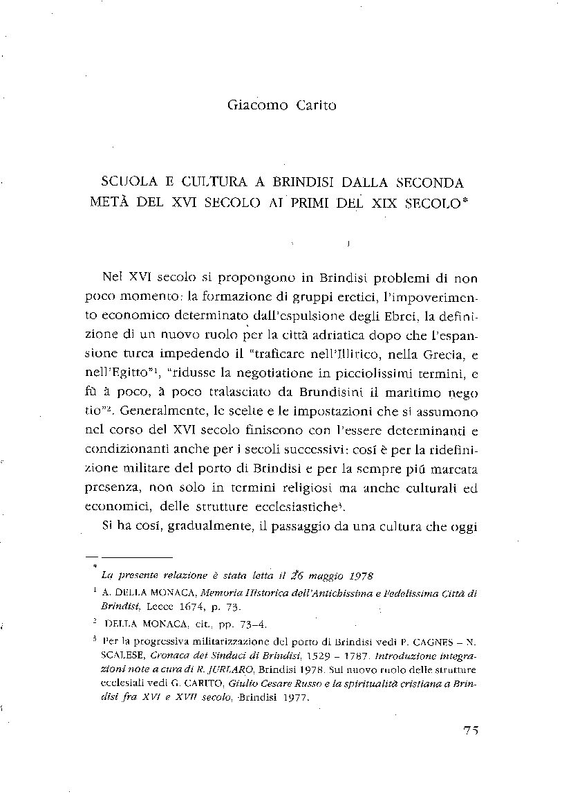 Scuola e Cultura a Brindisi dalla Seconda Metà del XVI Secolo ai Primi del XIX Secolo